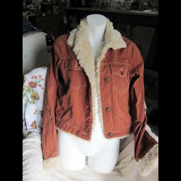 TwillTwentyTwo Fur Trim Rust Orange Button Jacket - Picture 2 of 12